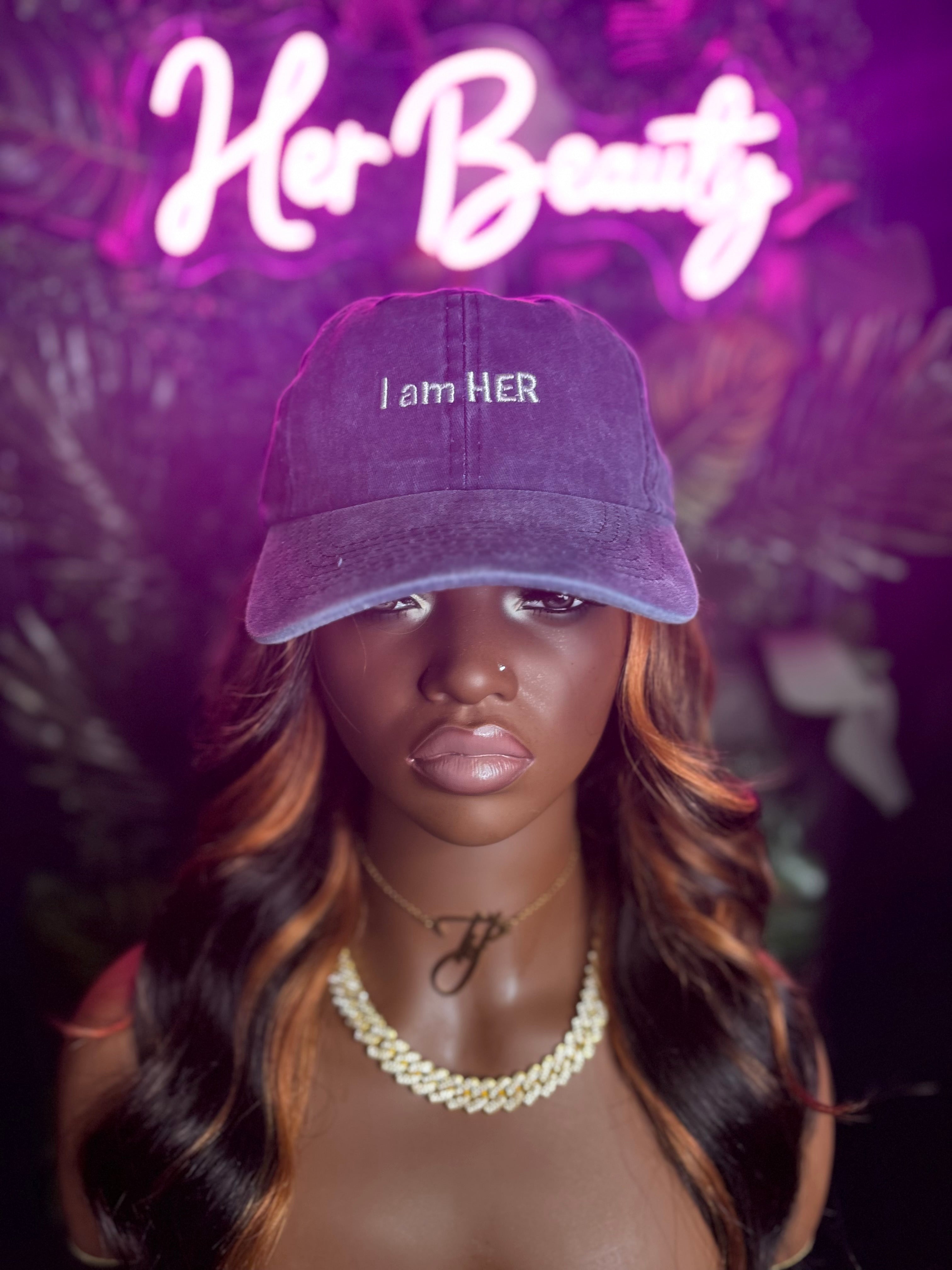 Black I Am Her Statement Cap with embroidered motivational phrase