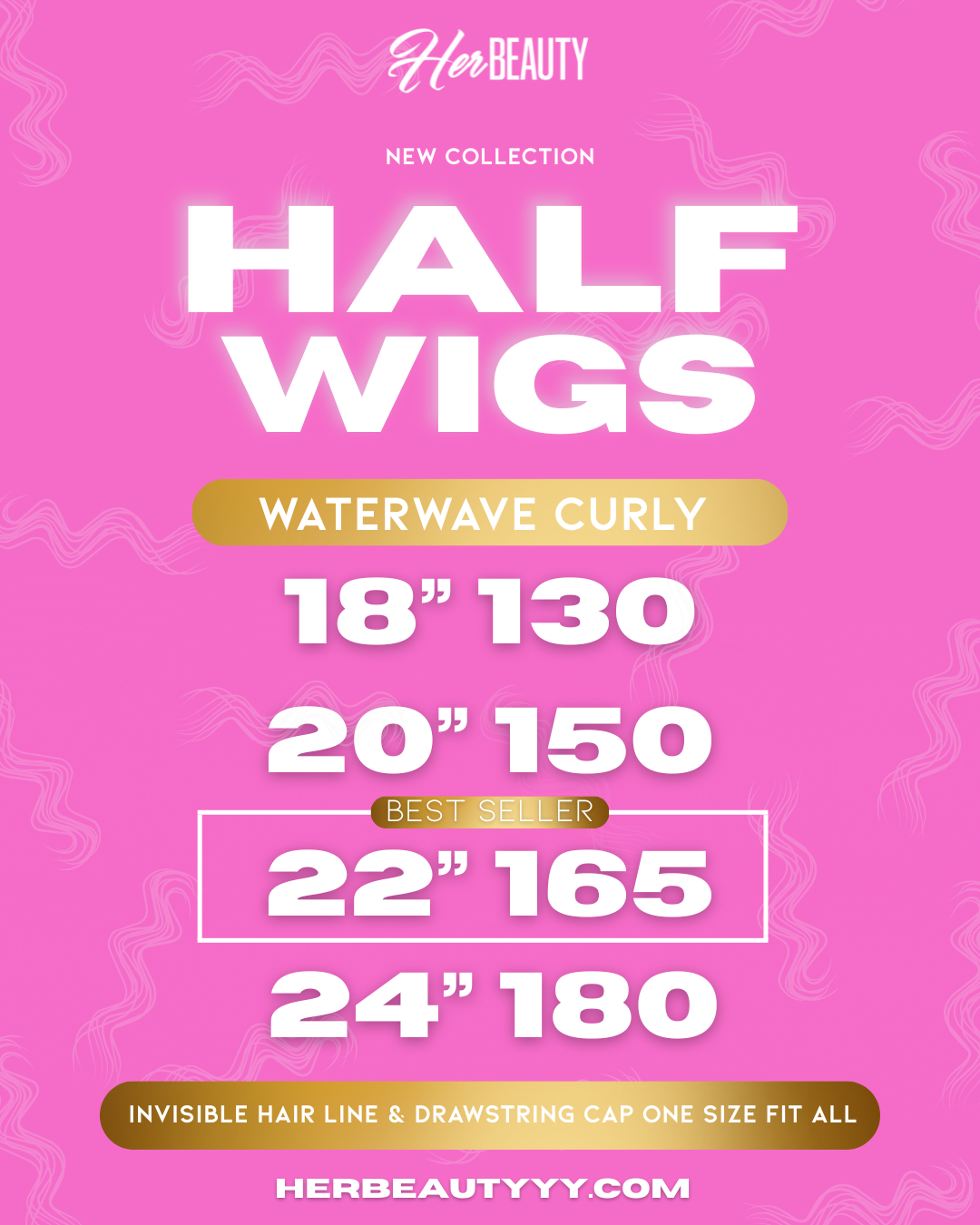 Waterwave half wig with soft, defined curls on a mannequin head, styled for natural volume and seamless blend